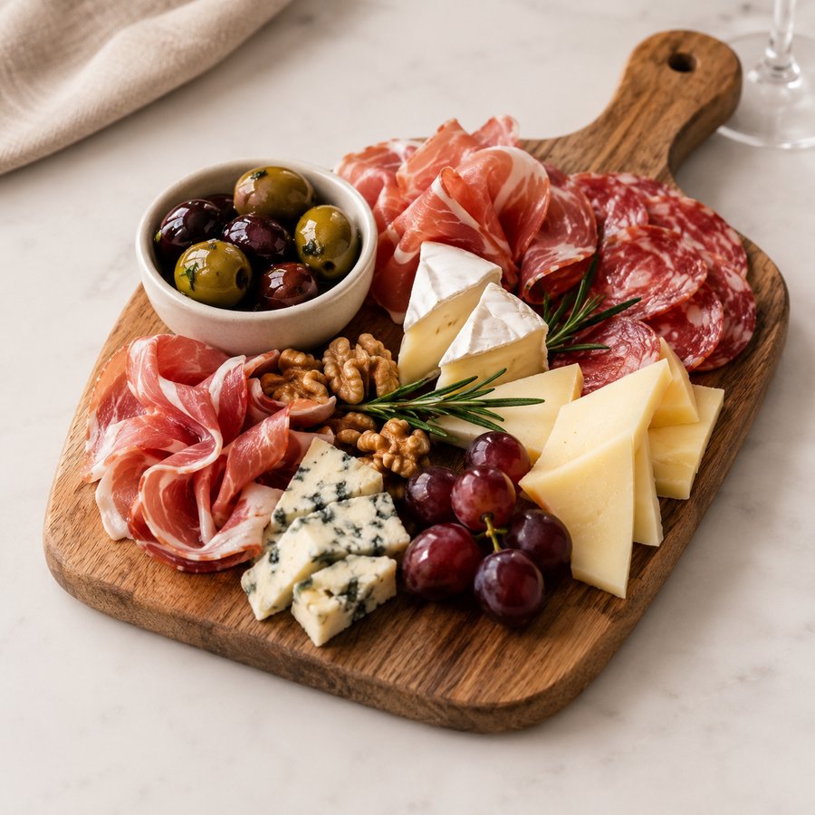Tabla de madera con quesos, jamón serrano, salame, aceitunas, nueces y uvas